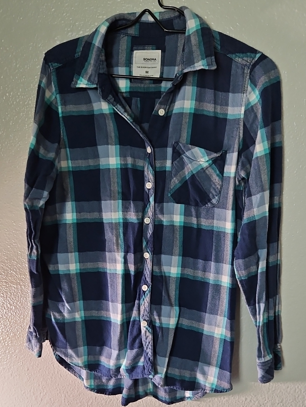 Sonoma Goods For Life Blue Teal Plaid Flannel Shirt Size M EUC